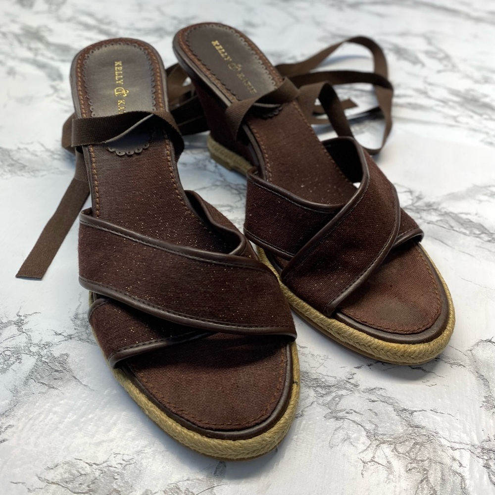 Kelly & Katie Chocolate Brown Lace up Espadrille Wedge Size 10 like new